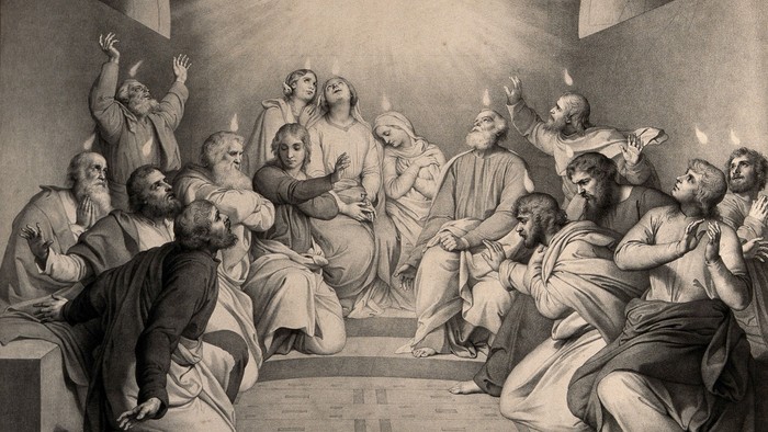 Religiöse Szene mit vielen Figuren, die beten und sich zum Himmel wenden