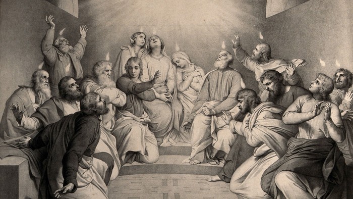 Religiöse Szene mit vielen Figuren, die beten und sich zum Himmel wenden