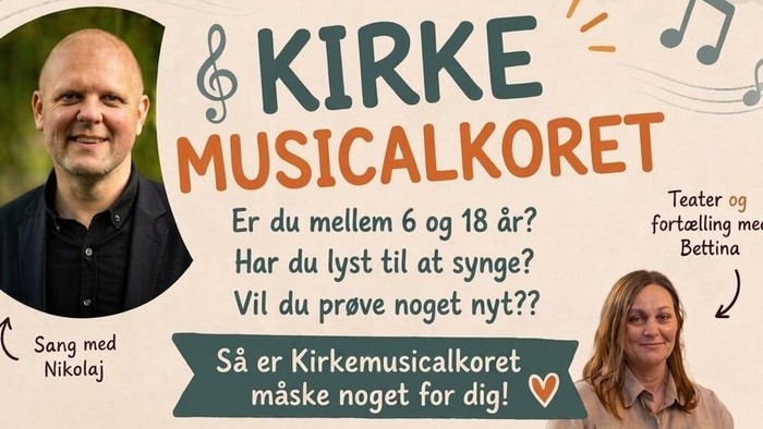 Kirkesangannoncen inviterer børn i alderen 6-18 år til at synge og optræde sammen med Nikolaij og Bettina.