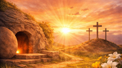 Ein friedvoller Pfad führt zu einem offenen Grab mit Kreuzen und blühenden Blumen unter einem strahlenden Sonnenaufgang.