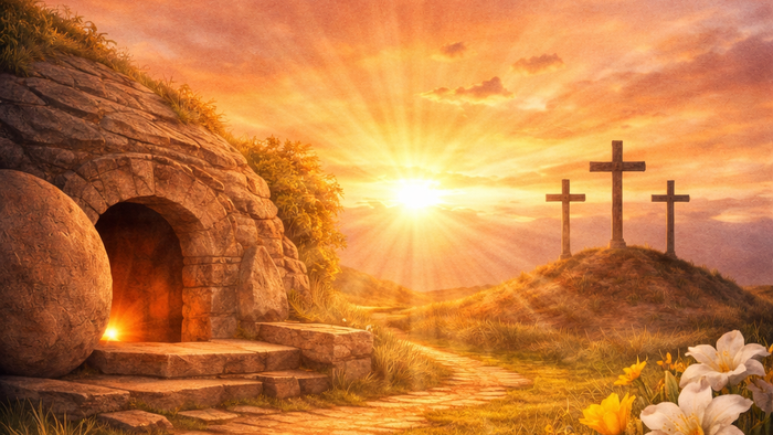 Ein friedvoller Pfad führt zu einem offenen Grab mit Kreuzen und blühenden Blumen unter einem strahlenden Sonnenaufgang.