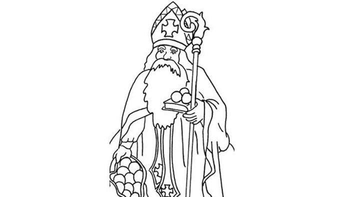 Eine stilisierte Zeichnung des Heiligen Nikolaus, der einen Bischofsstab und Geschenke hält.