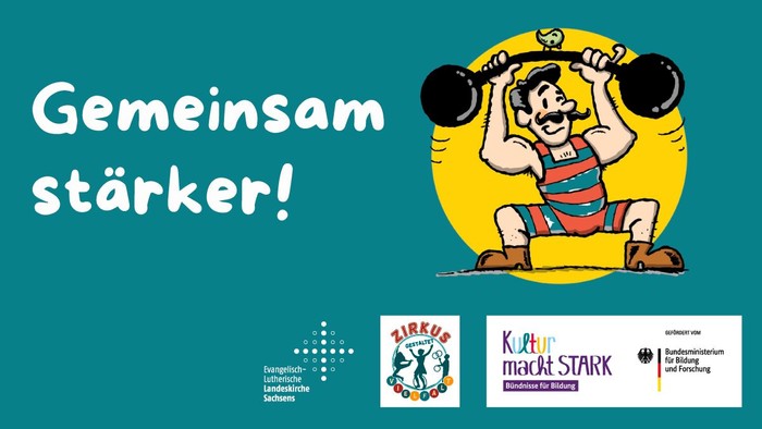 Illustriertes Motivationsplakat, das Teamstärke mit dem Text *„Gemeinsam stärker!“* und verschiedenen Organisationslogos fördert.