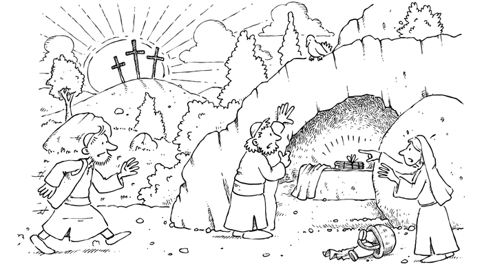 Eine biblische Szene, die Jesus zeigt, wie er Lazarus von den Toten auferweckt, mit Trauernden und einem Grab im Hintergrund.