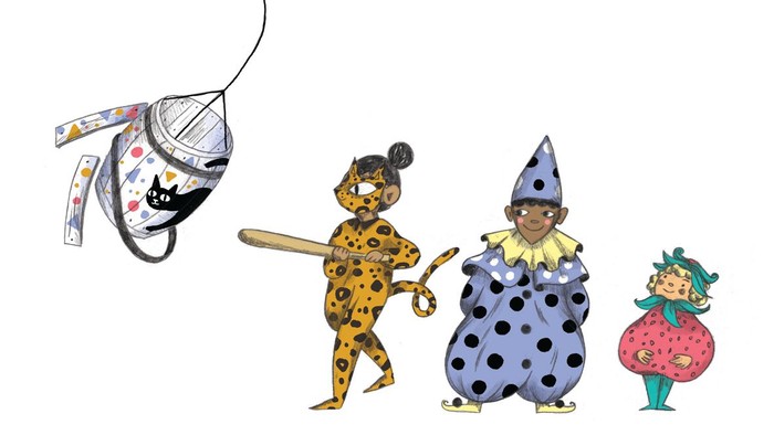 Billedet viser fire karaktærer i circusdrakter: en kæmpe, en leopard, en klovn og en staldyr.