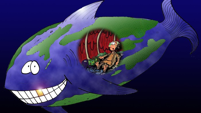 Ein verspielter Cartoon-Fisch mit offenem Maul, in dessen Bauch ein Pirat zu sehen ist.