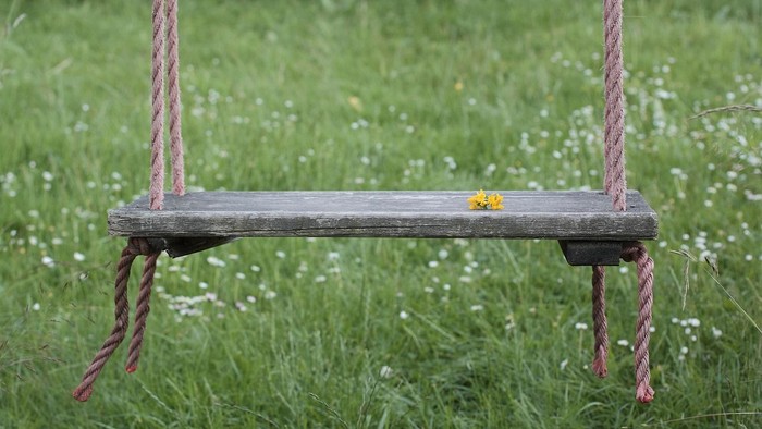Eine leere Holzschaukel, die an Seilen in einem grasbewachsenen Feld mit Wildblumen hängt.