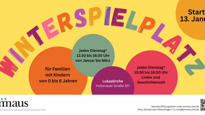 „Winterspielplatz“-Veranstaltungflyer mit Familienaktivitäten für Kinder von 0–6 Jahren von Januar bis März.