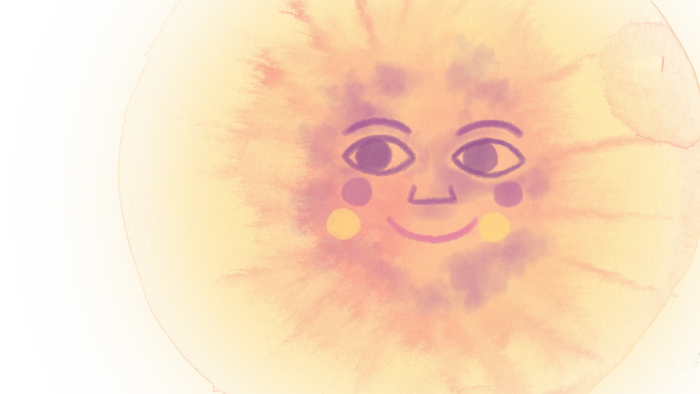 En glade og lysende sol med et smilende ansigt og udstråler varme.
