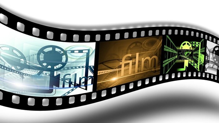 Film reel with various movie-themed graphics and text.