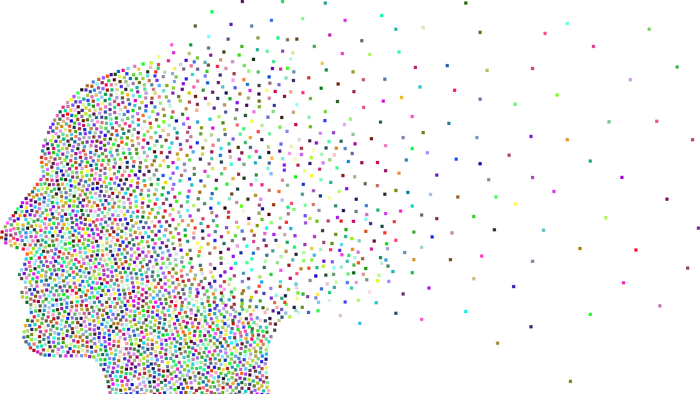 Ein farbenfroher, pixeliger Kopf vor schwarzem Hintergrund