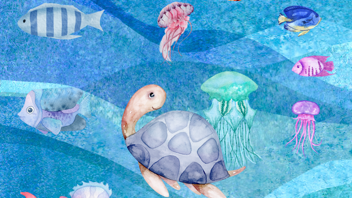 Lebendige Unterwasserszene mit bunten Fischen, einer Meeresschildkröte, Quallen und Korallenriffen.