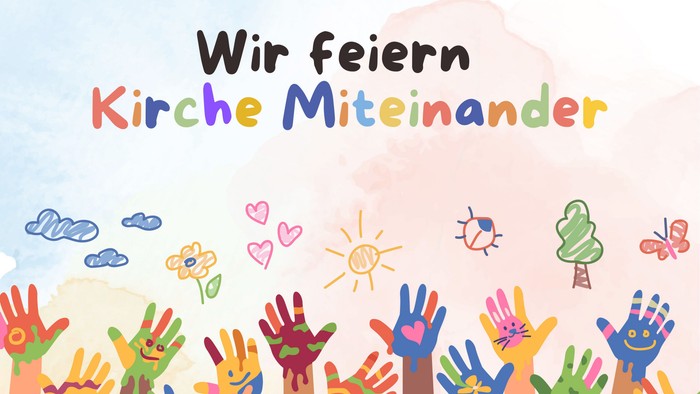 Bunte Handabdrücke feiern Gemeinschaft und Zusammenhalt mit dem deutschen Spruch „Wir feiern Kirche Miteinander“.