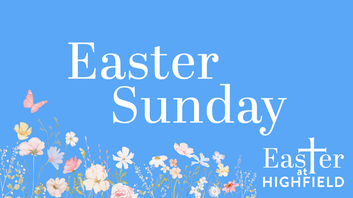 Easter Sunday celebration banner featuring flowers and a cross, promoting 