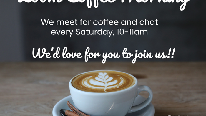 Invitation to a virtual coffee meetup every Saturday morning, featuring a cup of coffee with cinnamon sticks.