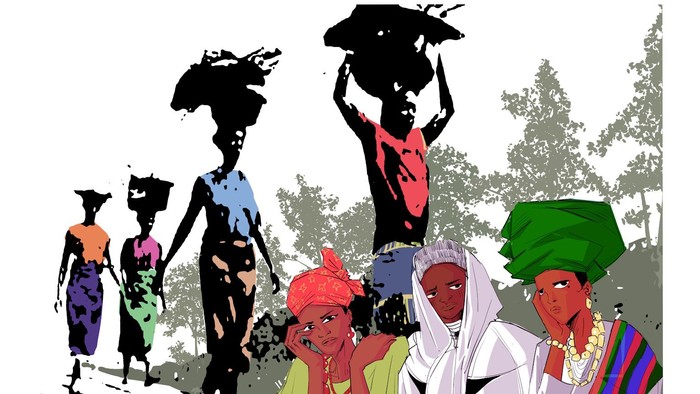 Farverig illustration af forskellige mennesker, der bærer byrder og går ad en landlig, træomkranset sti.