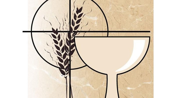 Das Bild zeigt ein Kelch-Symbol mit Weizen und Trauben vor einem beigefarbenen Hintergrund