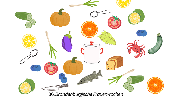 Illustrierte Sammlung verschiedener Früchte, Gemüse, Küchenutensilien und Meeresfrüchte im Zusammenhang mit den kulinarischen Traditionen Brandenburgs.