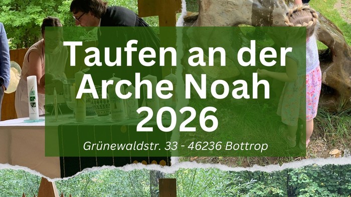 Einladungsposter zur Tauffeier in der Arche Noah in Bottrop am 4. Juli um 11 Uhr.