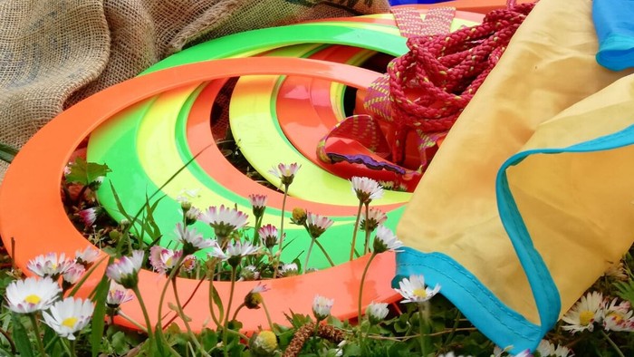 Bunt gefärbte Frisbees und Taschen liegen zwischen Wildblumen auf einer grasbewachsenen Fläche im Freien.