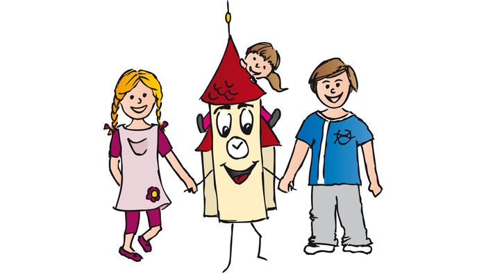 Drei Kinder stehen beieinander, eines trägt eine Hexenhut-Kappe.