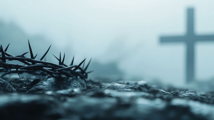 Ein Dornenkranz liegt auf rauen Steinen, im Hintergrund ein Kreuz.