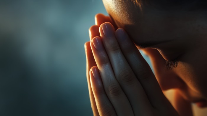 Eine Person betet mit gefalteten Händen.