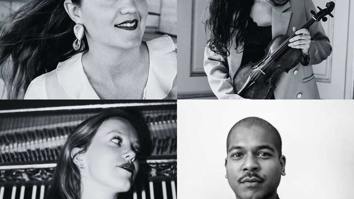 Et kvartet musikere, bestående af en violinist, en pianist og to vokalister, i en sort-hvid collage.