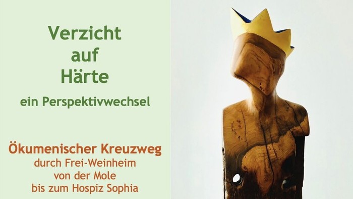 Ökumenische Kreuzwegandacht – Werbung mit einer Holzstatue und Veranstaltungsdetails auf Deutsch.