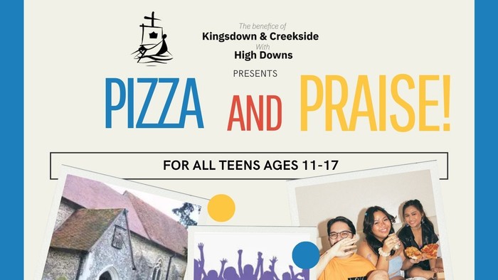 A poster advertising a teen pizza and praise group event at Lysted Church on specified Saturdays in 2026.