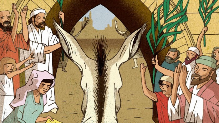 Billedet viser Jesus på korset med en folkemængde omkring.