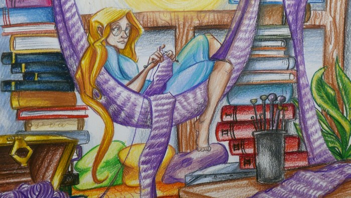 En farverig tegning af en kvinde i et rum med mange bøger og en køler.