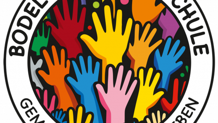 Buntes Handabdruck-Logo für die Bodelschwingh-Schule, das Gemeinschaft und Zusammenhalt im Schulleben betont.