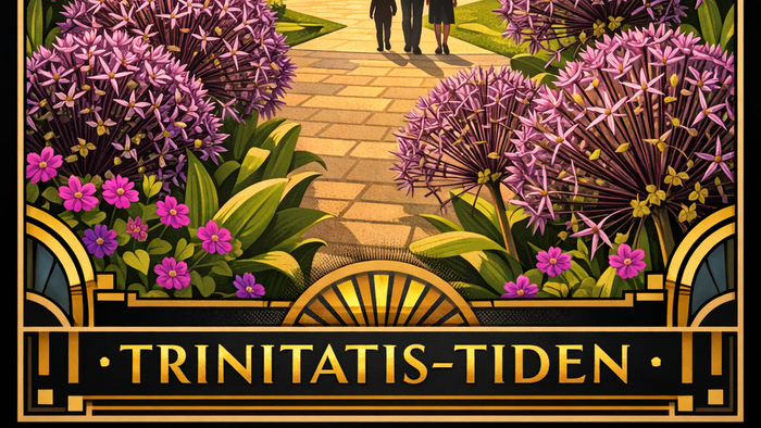 Vintage-stil illustration af Trinitatis-Tidens kirkeindgang med blomstrende blomster og to personer, der går.