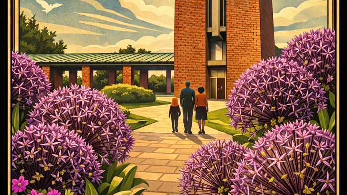 Vintage-stil illustration af Trinitatis-Tidens kirkeindgang med blomstrende blomster og to personer, der går.