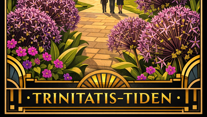 Vintage-stil illustration af Trinitatis-Tidens kirkeindgang med blomstrende blomster og to personer, der går.