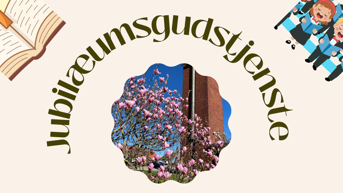 Plakatannoncering til jubilæumsfejring i kirken den 6. september med gudstjenester og aktiviteter.