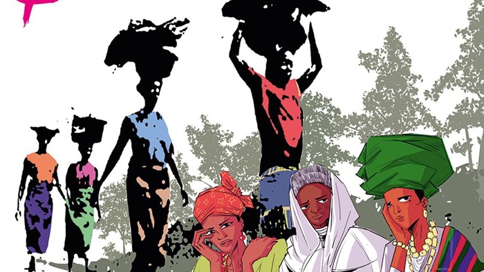 Im Vordergrund sitzen drei schön gekleidete Frauen mit ernsten Blick. Sie symbolisieren Frauen aus dem afrikanischen Volksglauben, dem Islam und dem Christentum. Im Hintergrund sieht man 4 Frauen die Lasten auf dem Kopf tragen. Sie gehen hintereinander, i