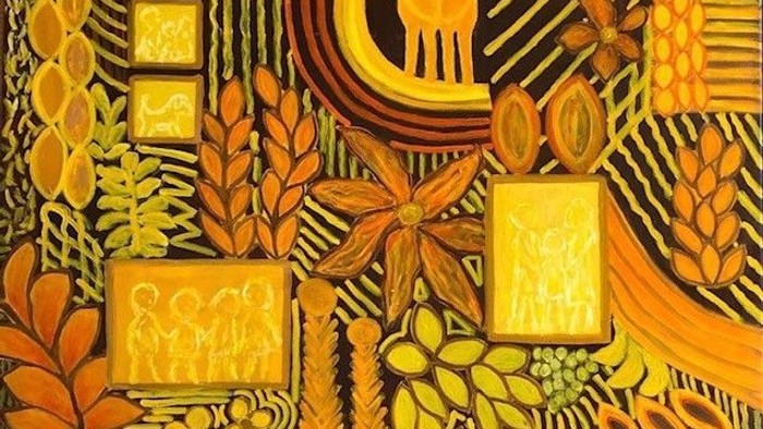 Levende, abstrakt kunstværk med gyldne symboler, botaniske motiver og stiliserede menneskefigurer i varme toner.