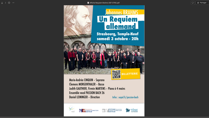 Affiche pour un concert du *Requiem allemand* à Strasbourg mettant en avant les interprètes et les détails de l'événement.