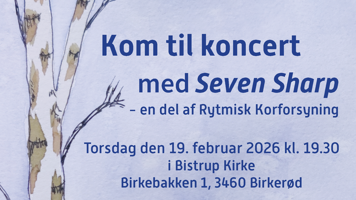 Plakatannoncer for Seven Sharps koncert med Abbey Road-tema på Bistrup Kirke den 19. februar 2026.
