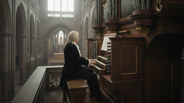 En højtidelig skikkelse spiller på et prægtigt pibeorgel i en stor, svagt oplyst katedral.