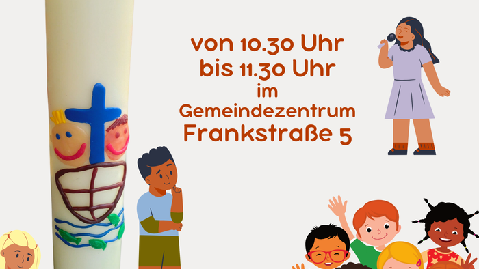 Das Bild zeigt eine Einladung zum Kinder-Gottesdienst mit verschiedenen Kindern und einem Kerzenmotiv.