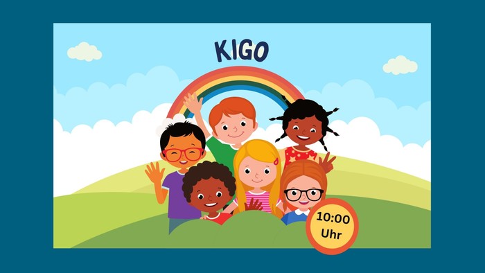 Kinder spielen fröhlich unter einem Regenbogen, KIGO steht oben, Preis 10:00 Uhr.