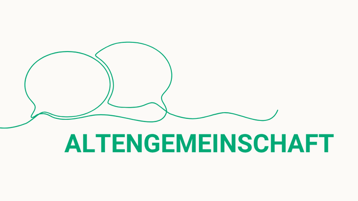 Grüne Zeichnung von Sprechblasen, die Gemeinschaft symbolisieren über dem Wort „Altengemeinschaft“ 