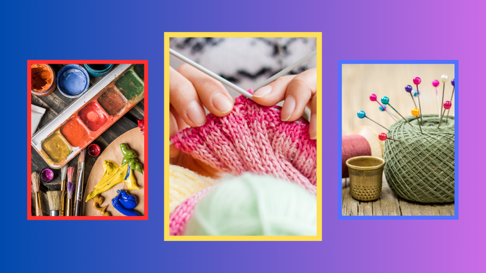 Billedet viser malerier, strå, og sy-projekter