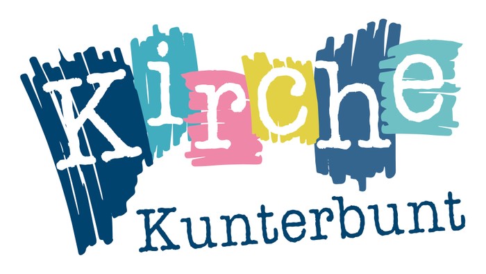 Bunter und kreativer Schriftzug mit den Wörtern Kirche und Kunterbunt