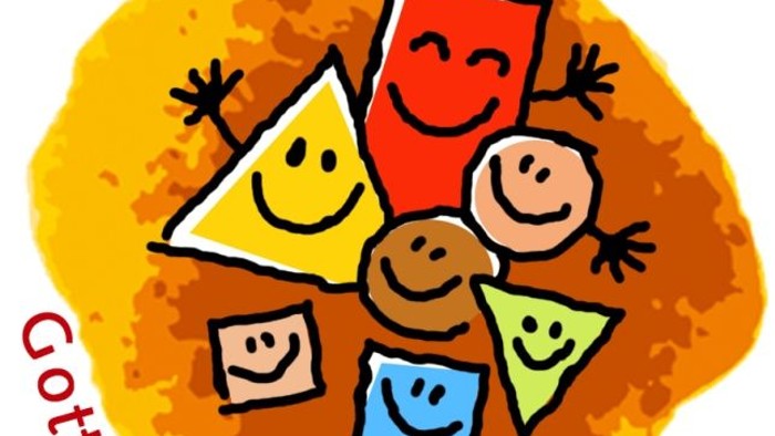 Das Bild zeigt fünf lächelnde Gesichter in verschiedenen Farben, die im Kreis angeordnet sind, mit dem Schriftzug *„Gottesdienst bewegt“* darunter.