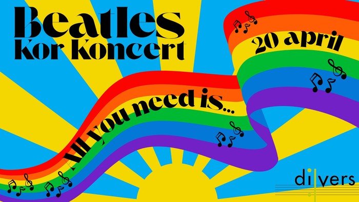 Beatles koncertplakat med livlige farver, noder og sloganet *