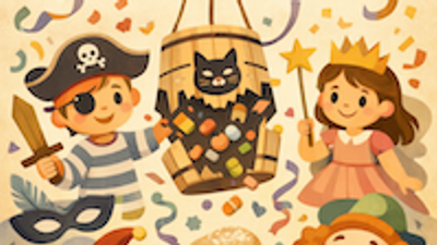 Legenagtige figurer fejrer med en luftballon, donuts og festlige dekorationer i et legende himmelscene.